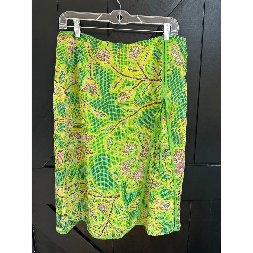 La Rue 39 100% Silk Midi Skirt Green Mosaic Floral Print Size 12 Dressy Artsy